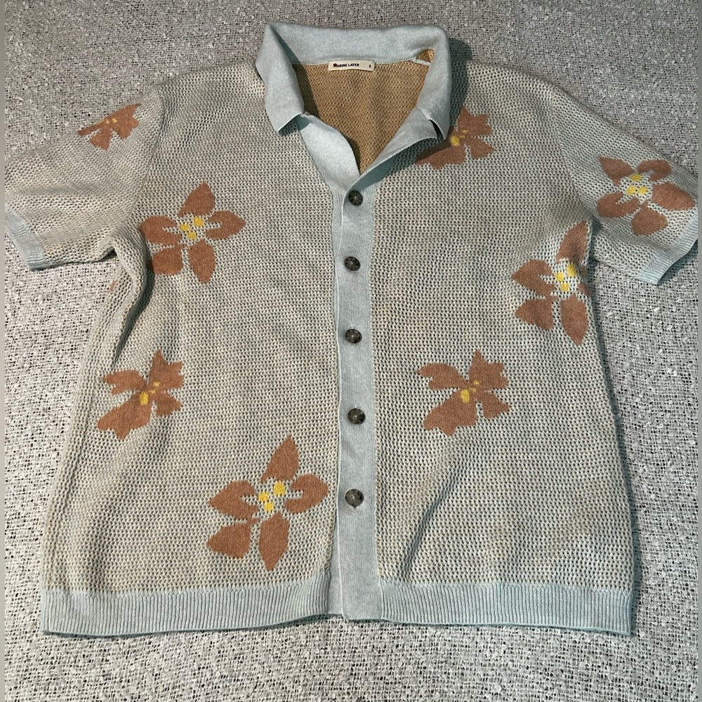 Marine Layer Cream Short-Sleeve Knit Button-Down with Peach Floral - Picture 3 of 7